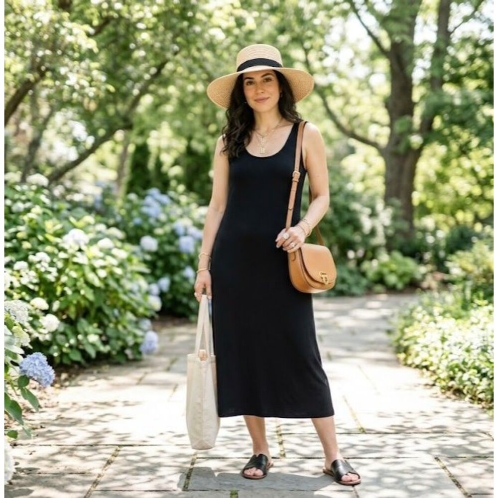 Philosophy Size 1X Minimalist Scoop Neck Stretch Sleeveless Midi Dress Black